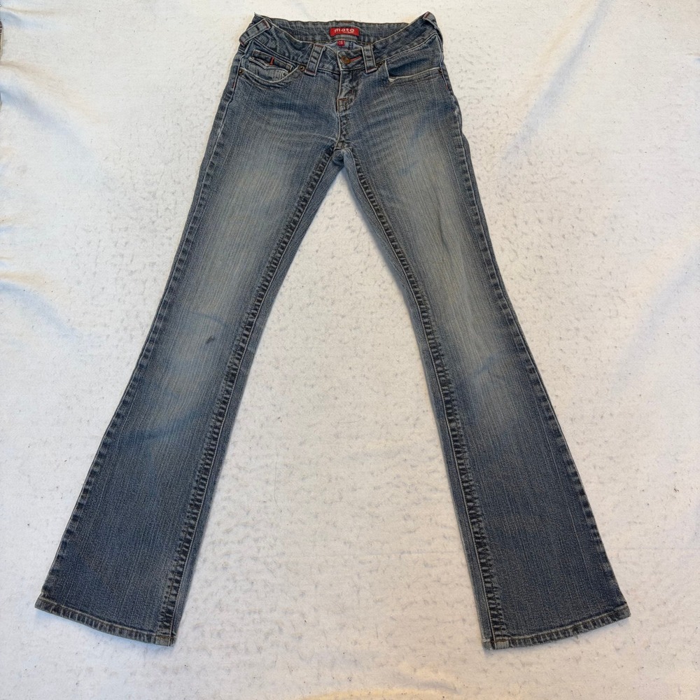 Moto Jeans Women 26 Blue Bootcut Low Rise Distressed Frayed Hem